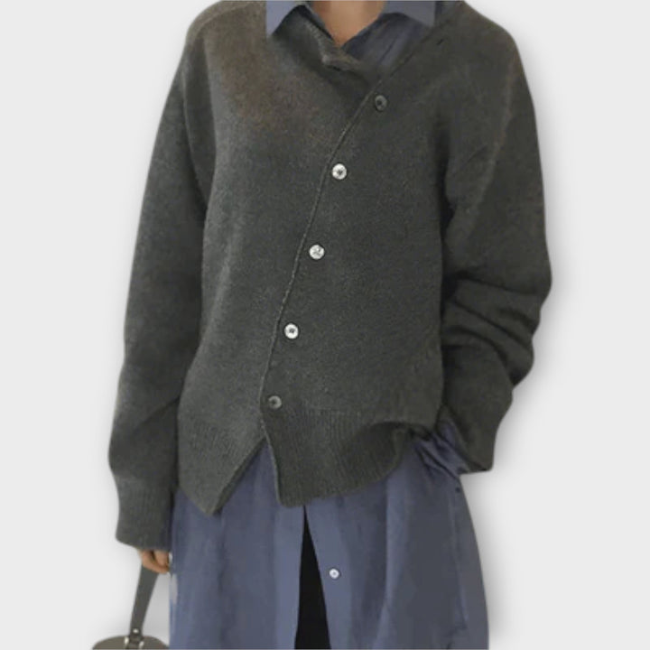 Women's knit cardigan with angled button front, crew neckline and long sleeves