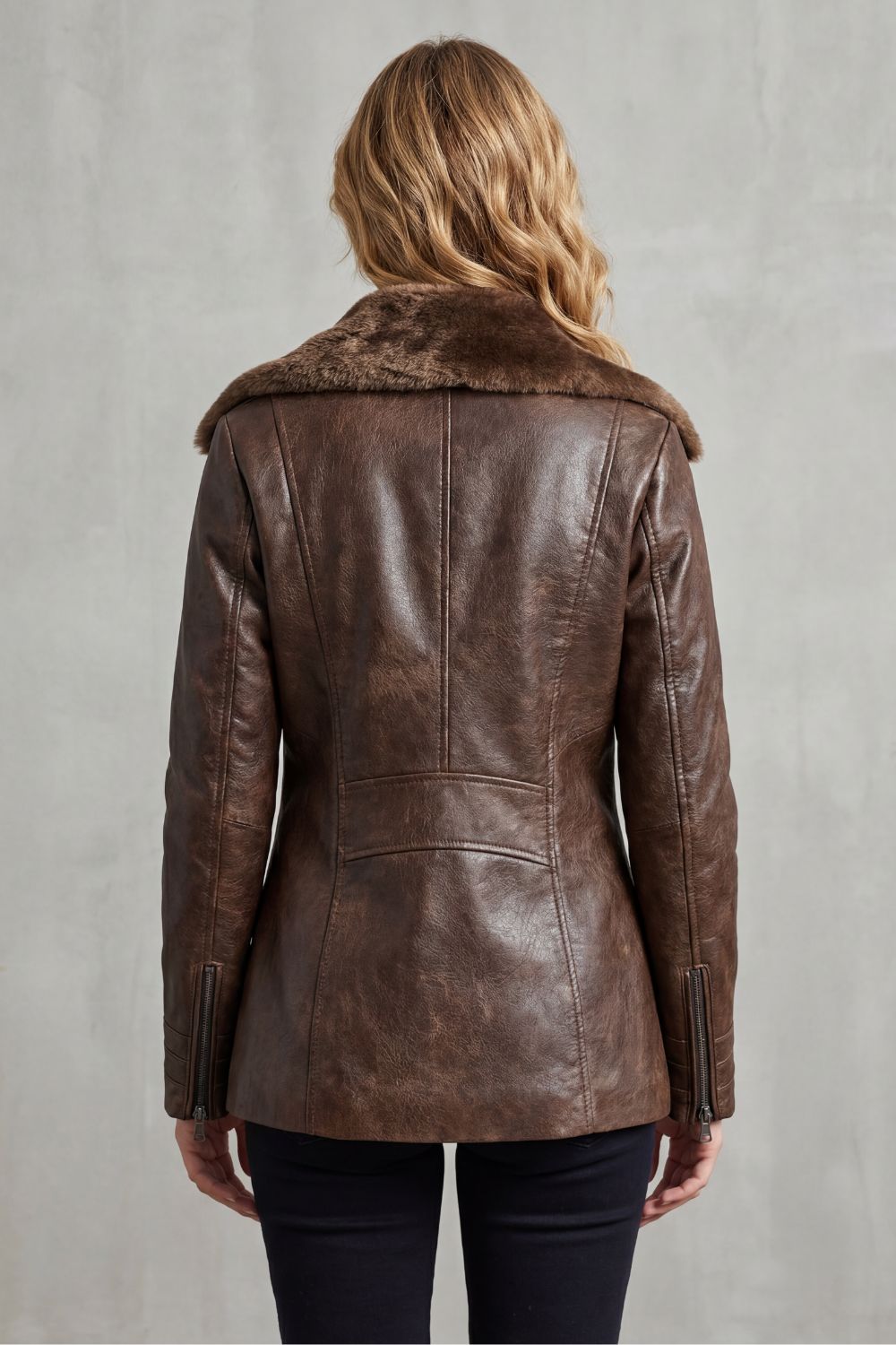 Women's brown jacket with plush-textured collar, long sleeves and front zipper
