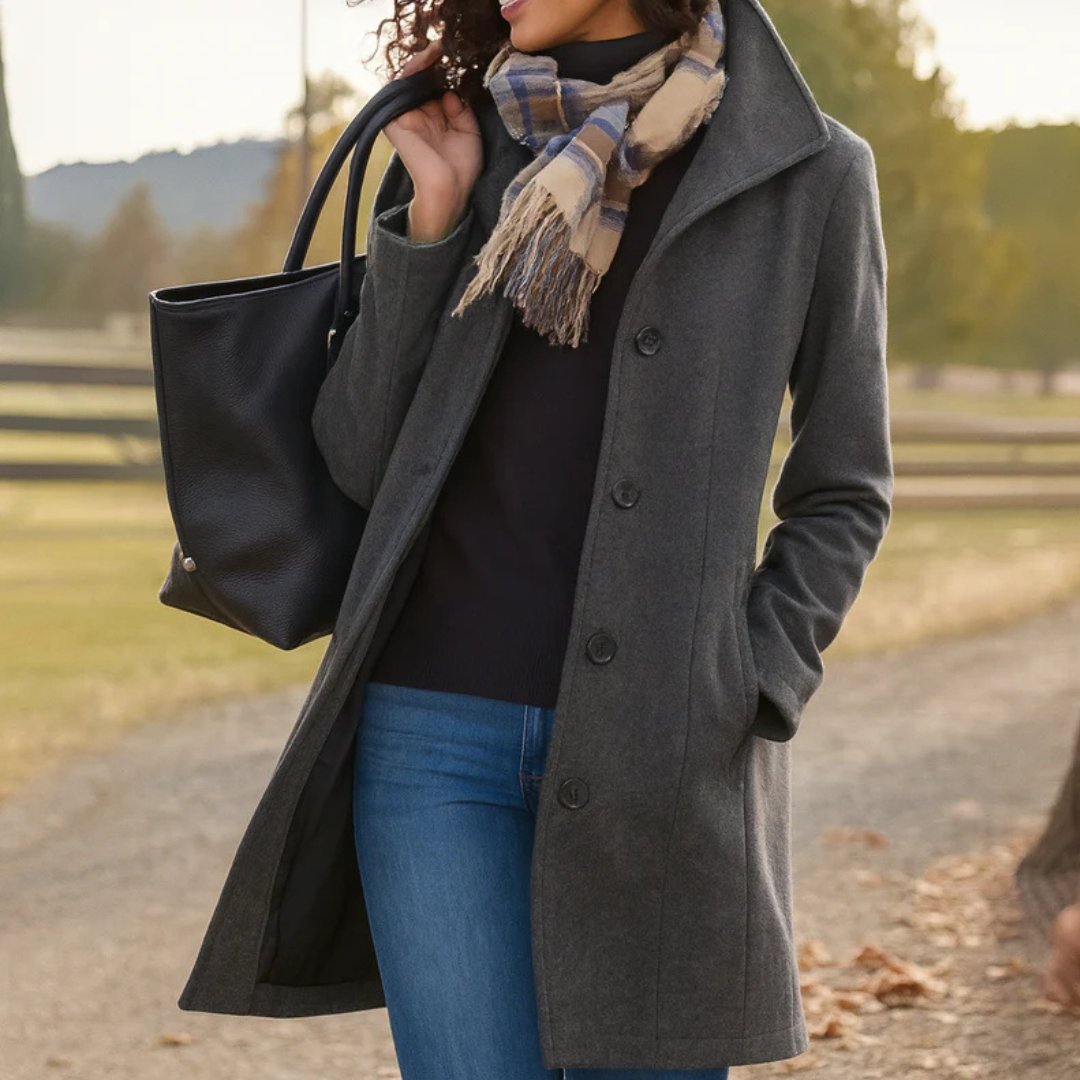 Women's textured button-front winter coat with notched lapels and side pockets