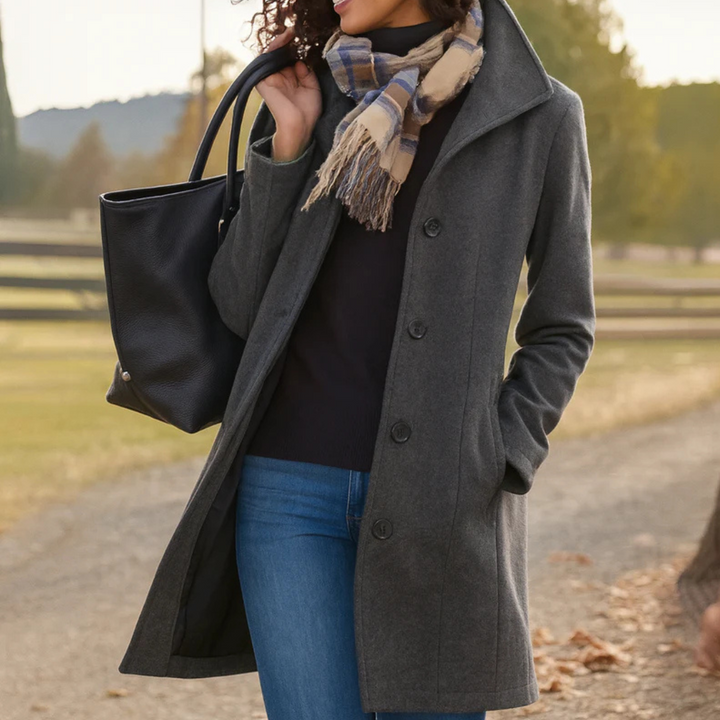 Women's textured button-front winter coat with notched lapels and side pockets