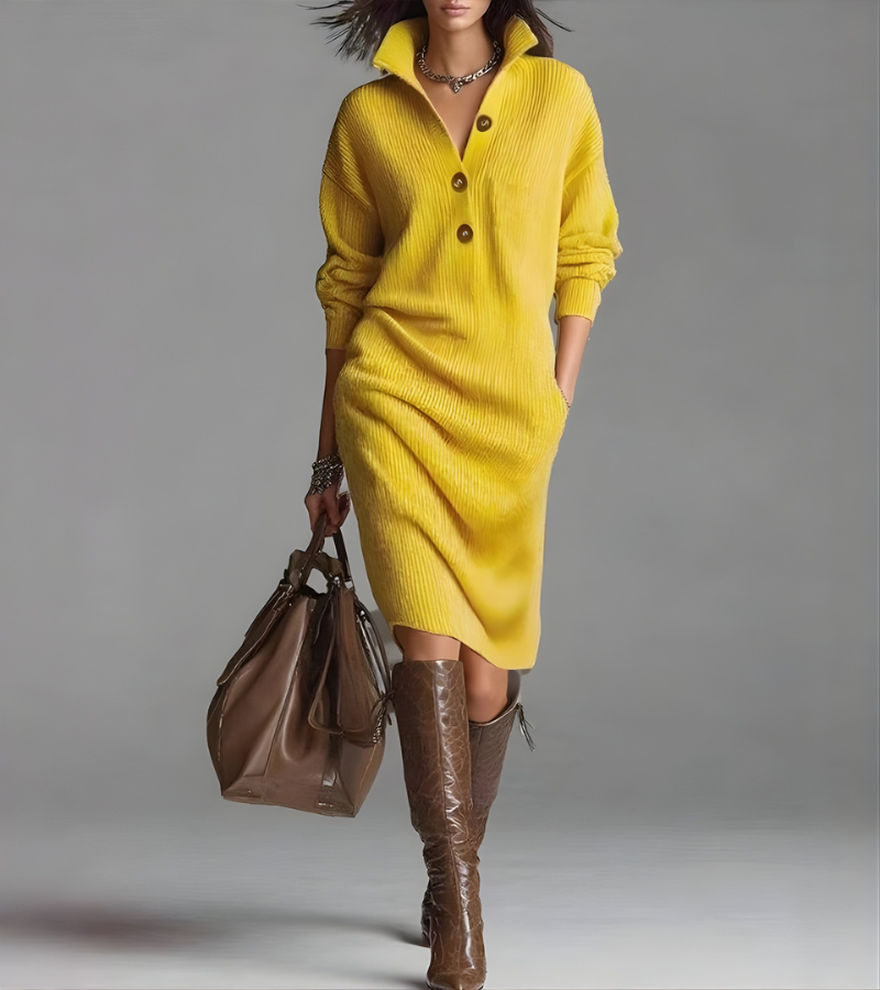 Women's ribbed knit midi dress with raised collar, button front and long sleeves