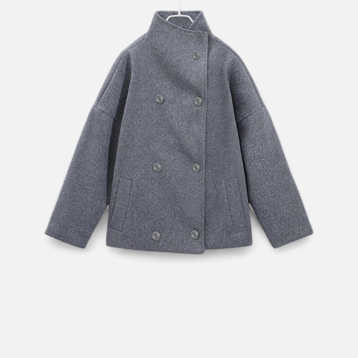 Women's short button-front coat with high collar and long sleeves