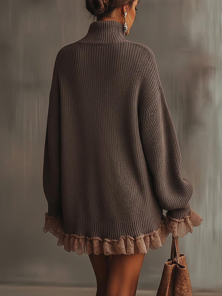 Women's brown knitted mini dress with turtleneck and ruffled lace trim