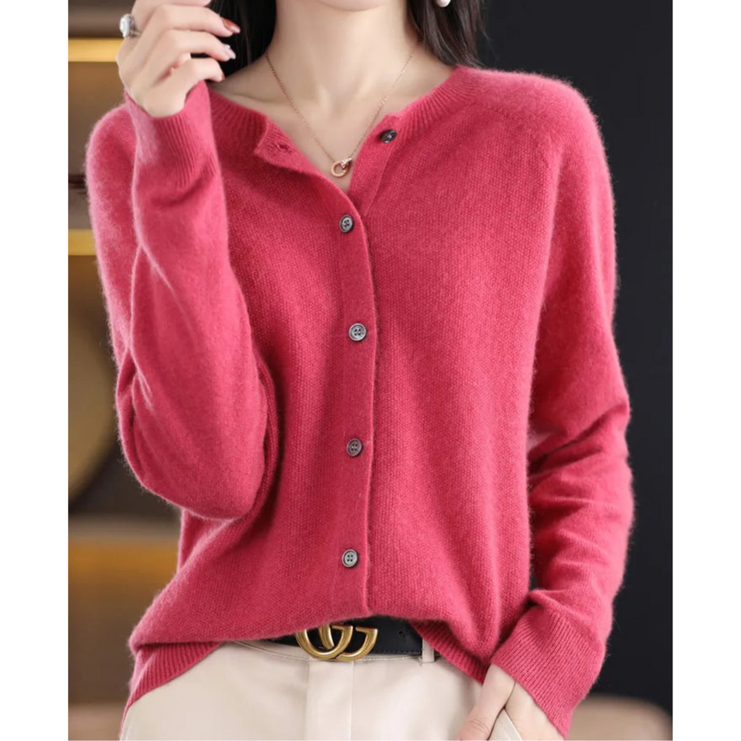 Women's plain crew neck button front cardigan with long sleeves