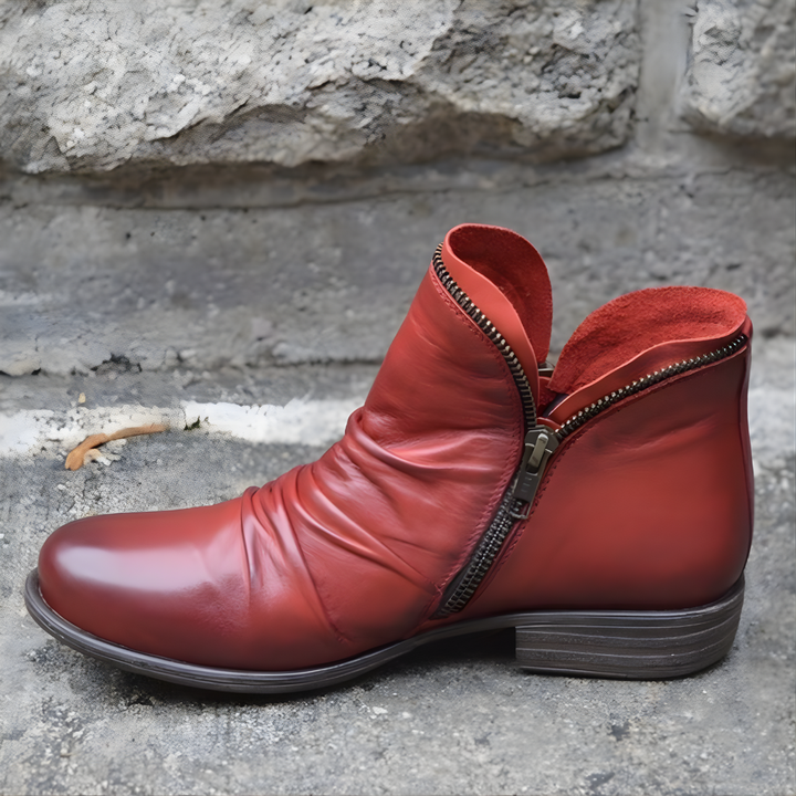 Women's ankle boots with ruched upper, side zipper and low heel