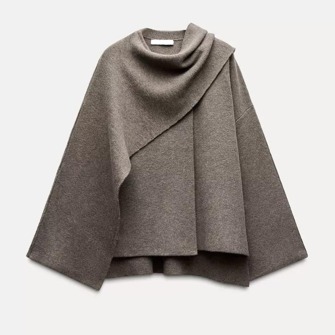 Women's hooded cape coat with draped collar and wide sleeves