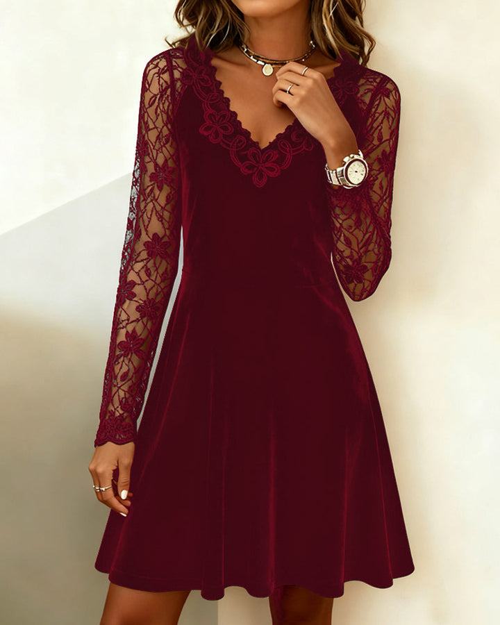 Women's A-line mini dress with floral lace sleeves and V-neck trim
