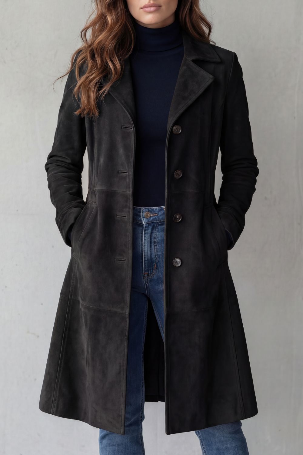 Women's longline coat with suede finish, notched lapels, buttons and front pockets