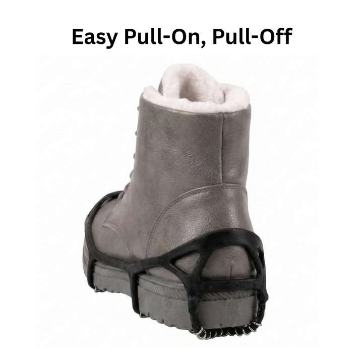 Stretch-fit ice cleats with linked traction coils fitted over a lace-up boot