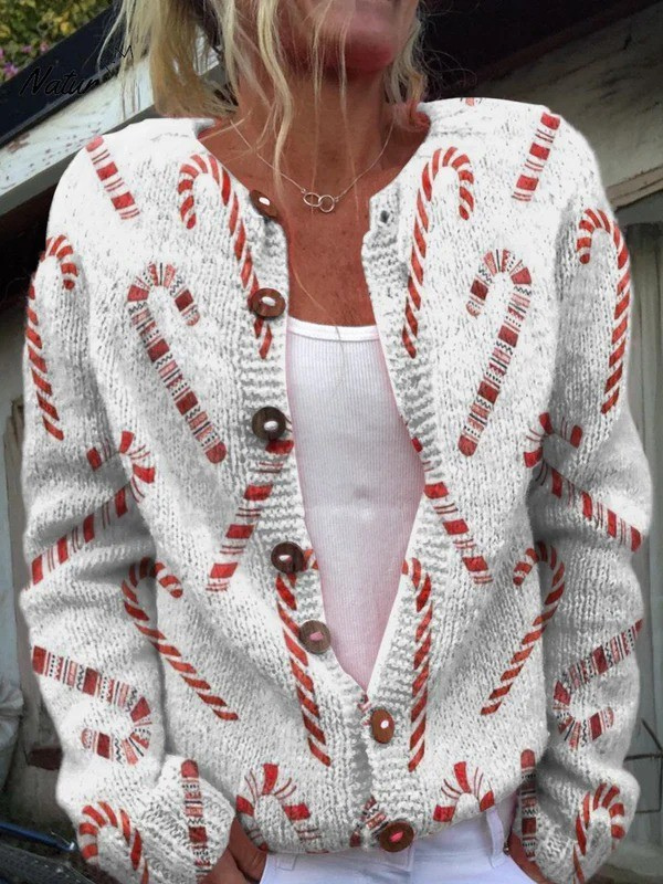 Women's light cardigan with red and gray candy cane pattern and button front