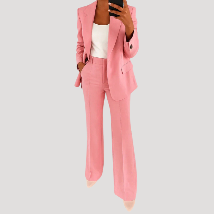 Women's tailored two-piece suit with notched blazer and straight-leg trousers