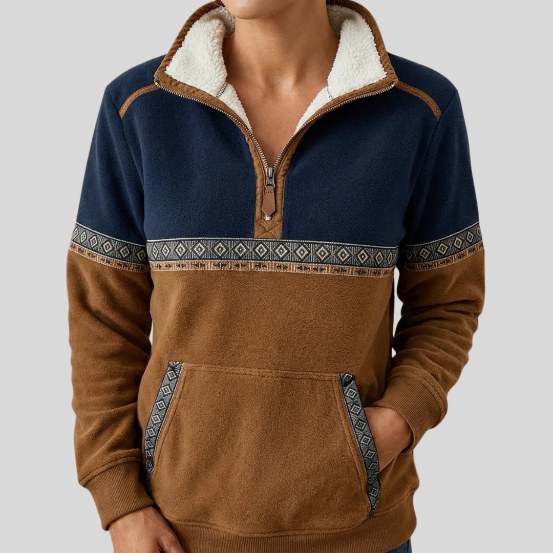 Women's half-zip pullover with sherpa collar, geometric trim and kangaroo pocket