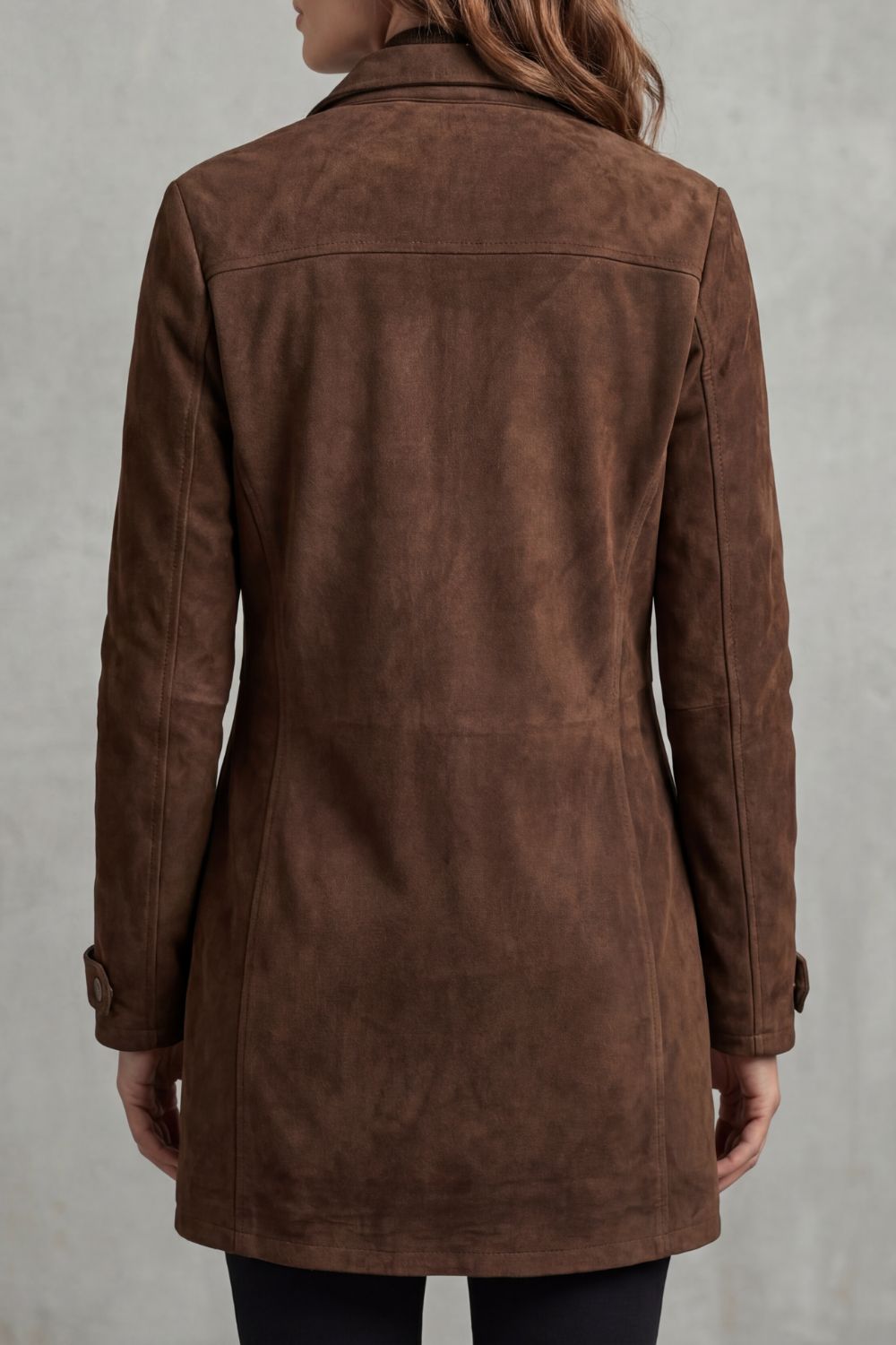 Women's brown longline coat with notched collar, button placket and flap pockets