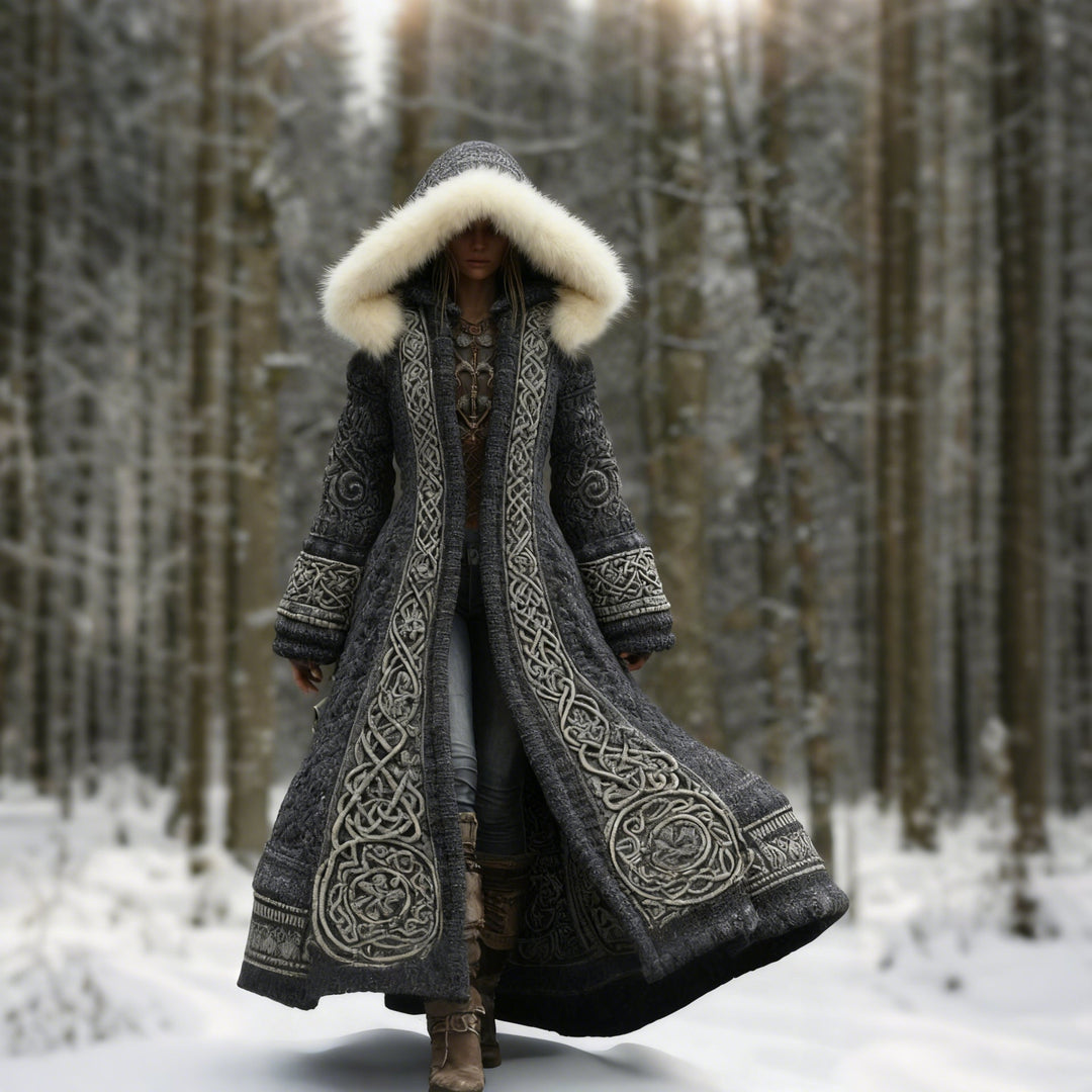 Women's hooded longline coat with ornate embroidery and pale hood trim