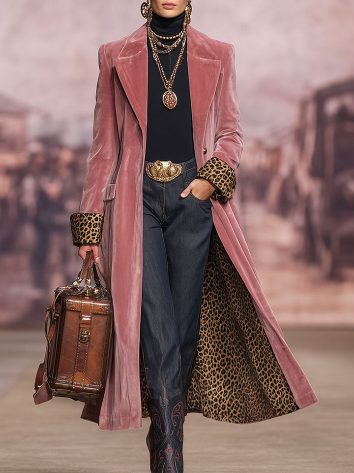 Women's long coat with lapels, animal print cuffs and lining