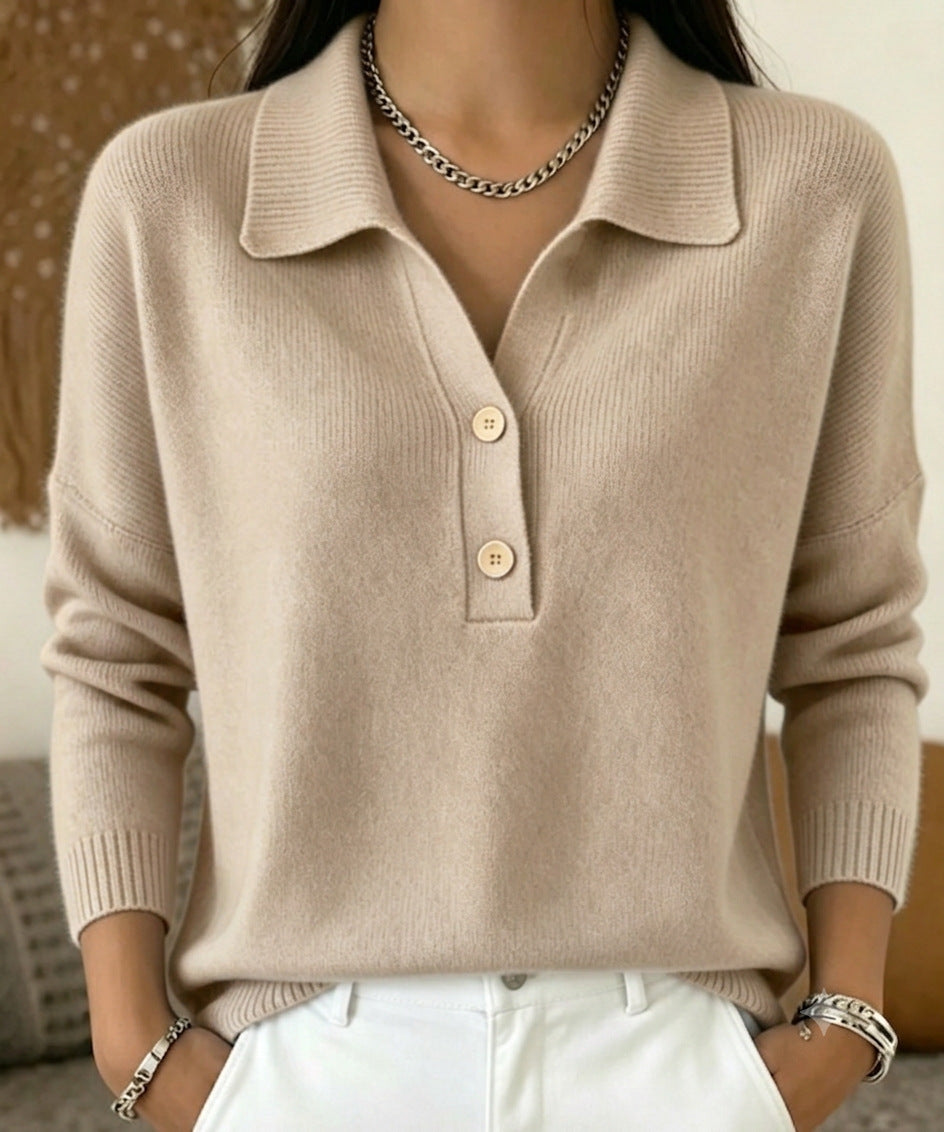 Women's long-sleeve polo collar knit sweater with button placket