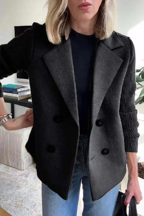Women's double-breasted blazer with notched lapels and ribbed long sleeves