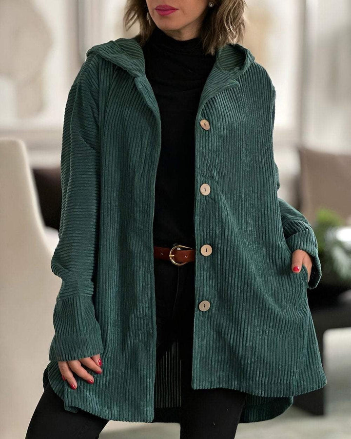 Women's hooded ribbed longline jacket with button front and angled pockets