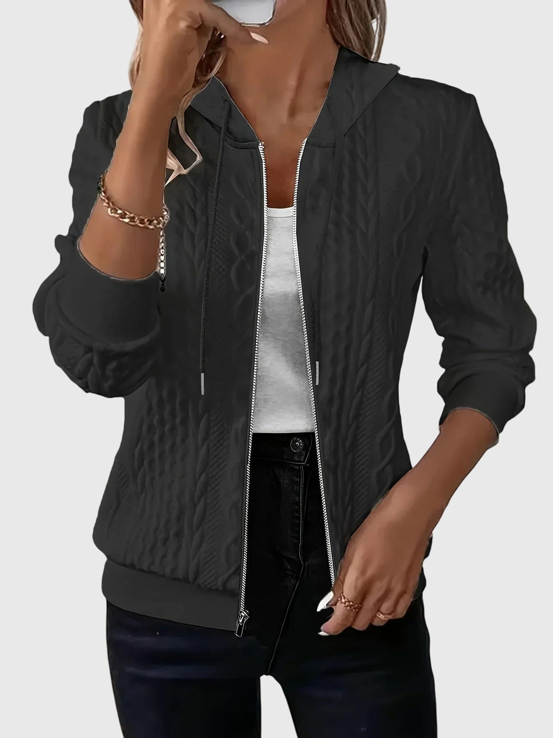 Women's hooded textured zip jacket with long sleeves and ribbed trims