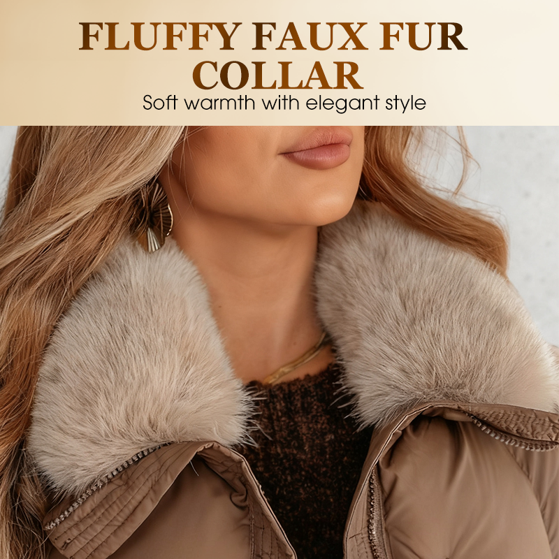 Women's short quilted puffer jacket with fur collar and ribbed cuffs