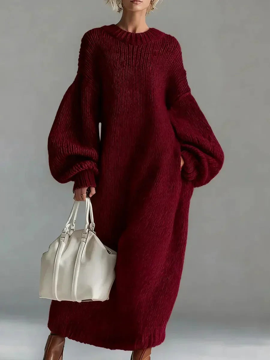 Women's textured knit maxi dress with crew neck and long balloon sleeves