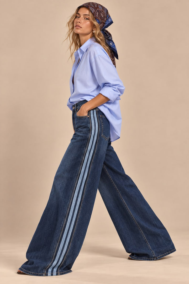 Women's dark blue wide-leg jeans with light blue side stripes
