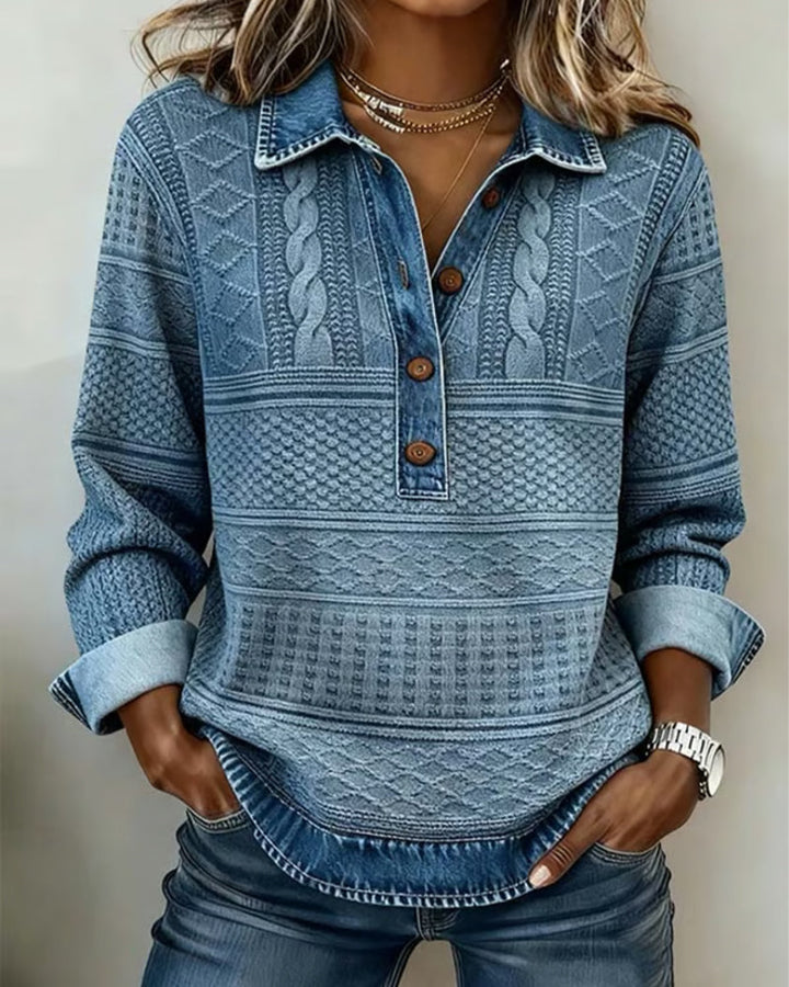 Women's textured collared sweatshirt with button placket and long sleeves
