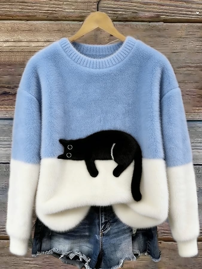 Women's long-sleeve crew neck sweater with a black cat graphic and contrast panels