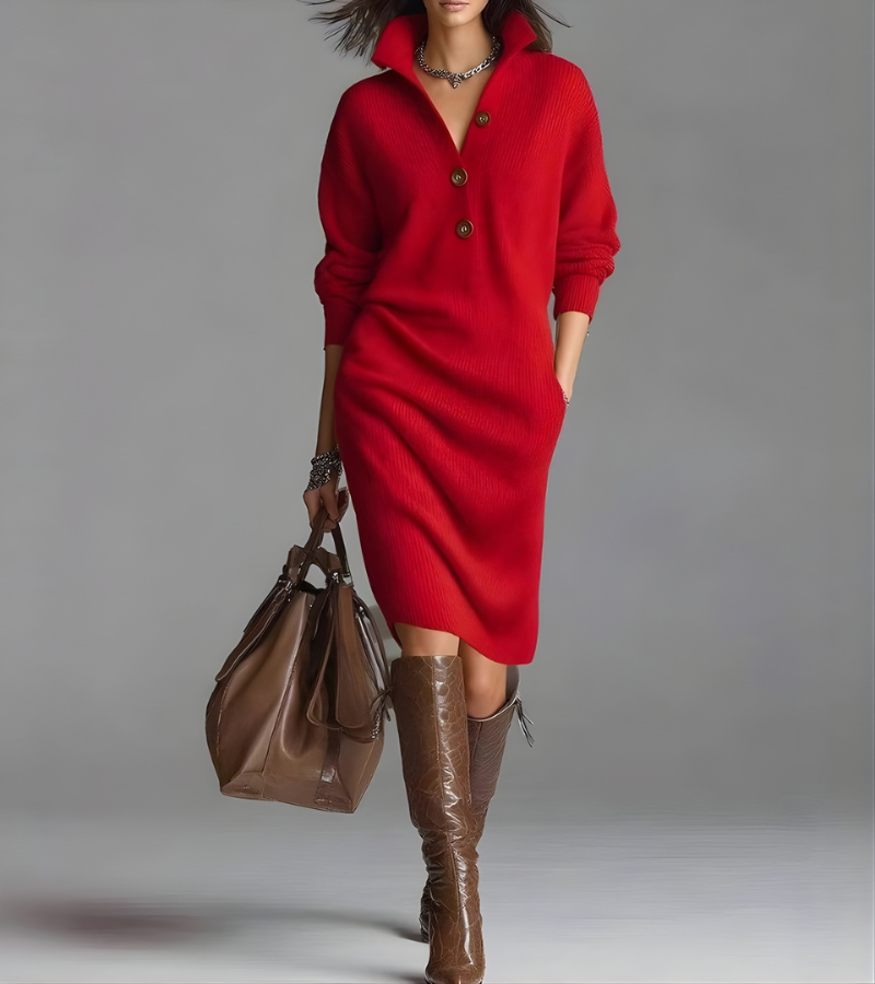 Women's ribbed knit midi dress with raised collar, button front and long sleeves