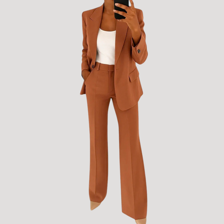 Women's tailored two-piece suit with notched blazer and straight-leg trousers