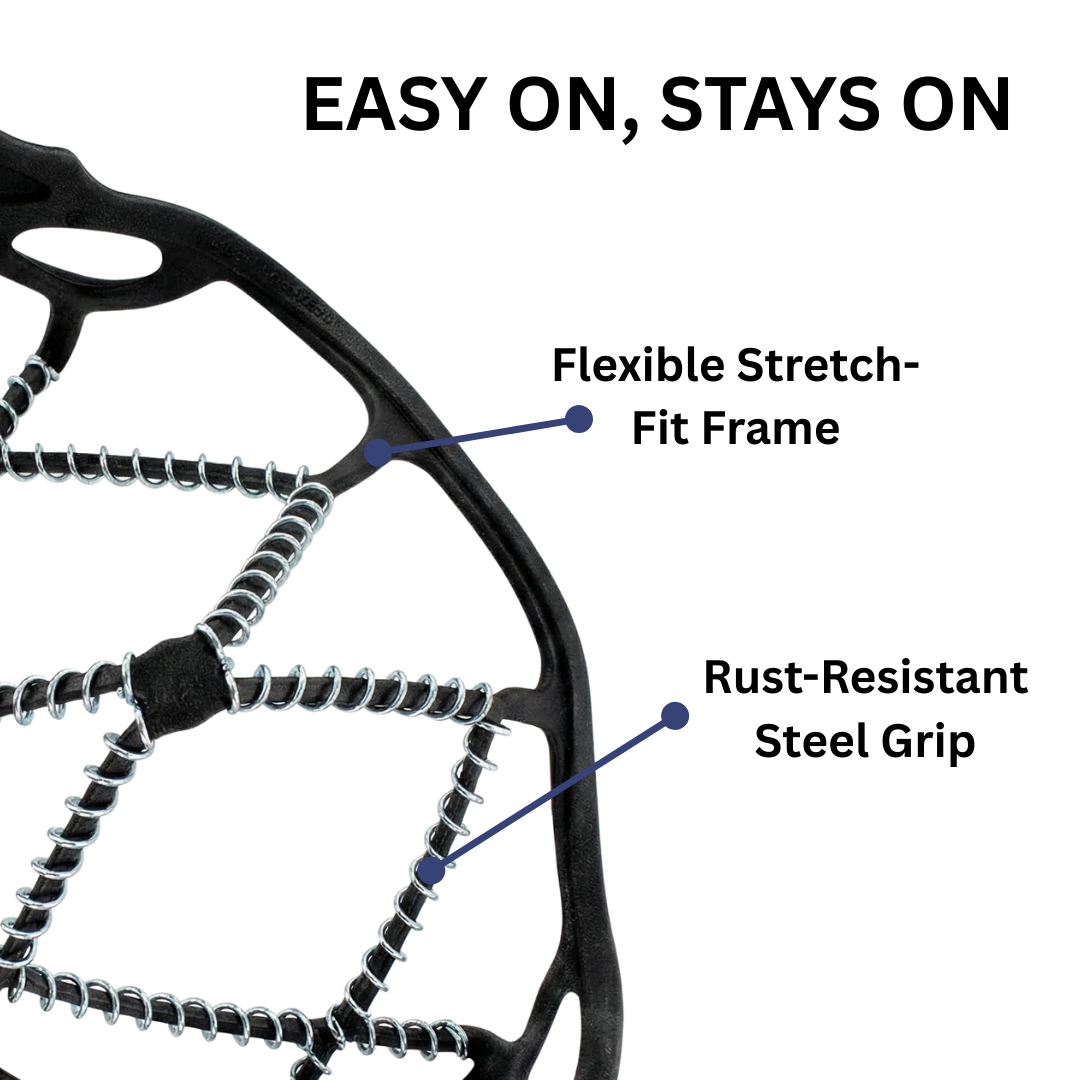 Stretch-fit ice cleats with linked traction coils fitted over a lace-up boot