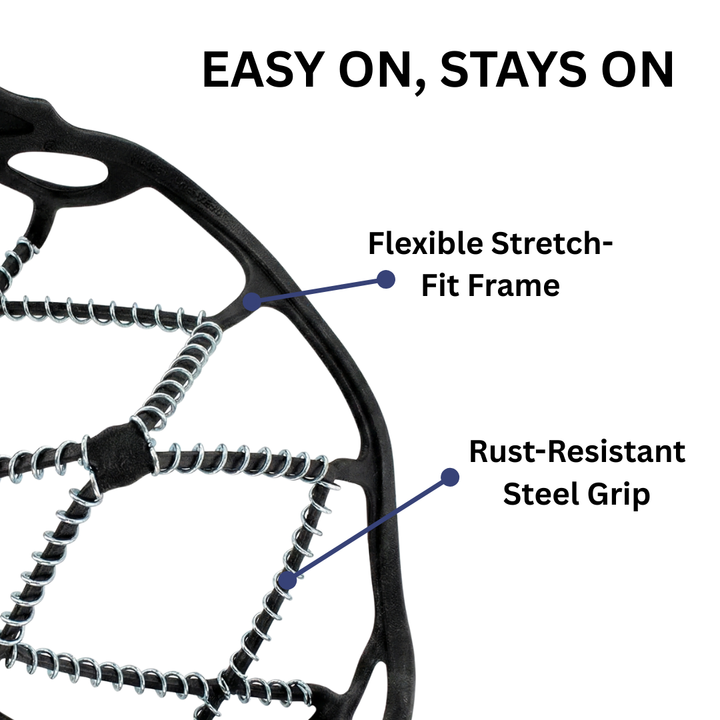 Stretch-fit ice cleats with linked traction coils fitted over a lace-up boot