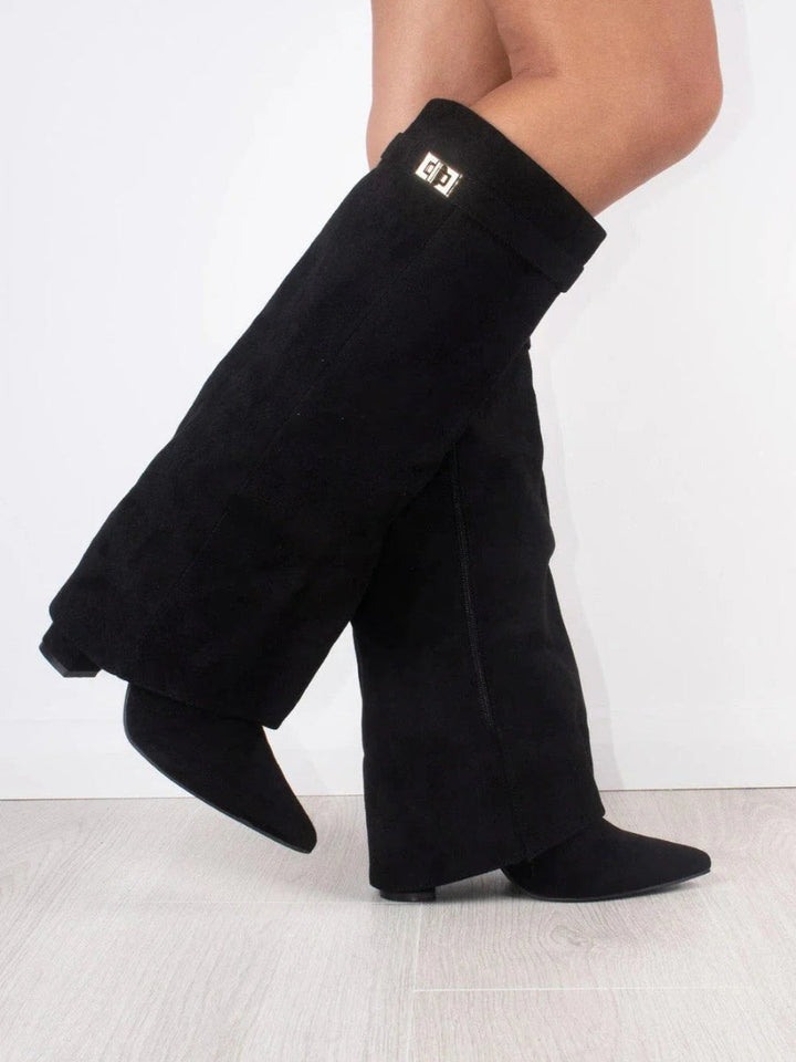 Women's knee-high pointed-toe boots with block heels and side zippers