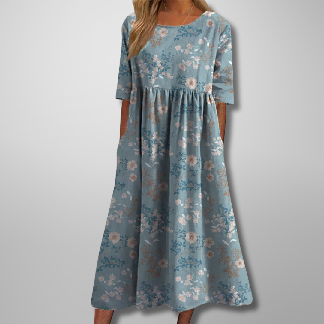 elegant floral round neckline midi x-line dress Black Floral Round Neck Long Sleeve Midi Dress