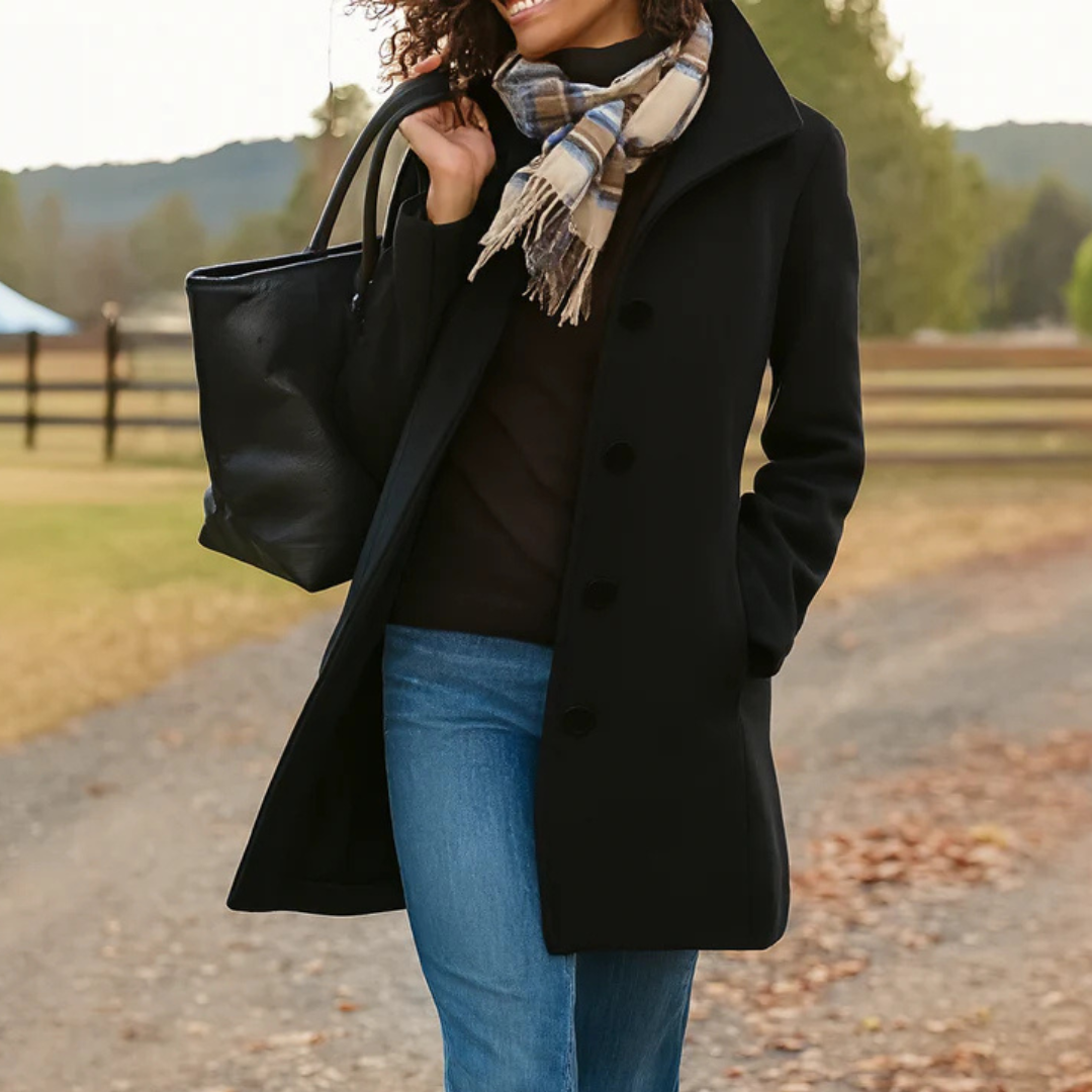 Women's textured button-front winter coat with notched lapels and side pockets