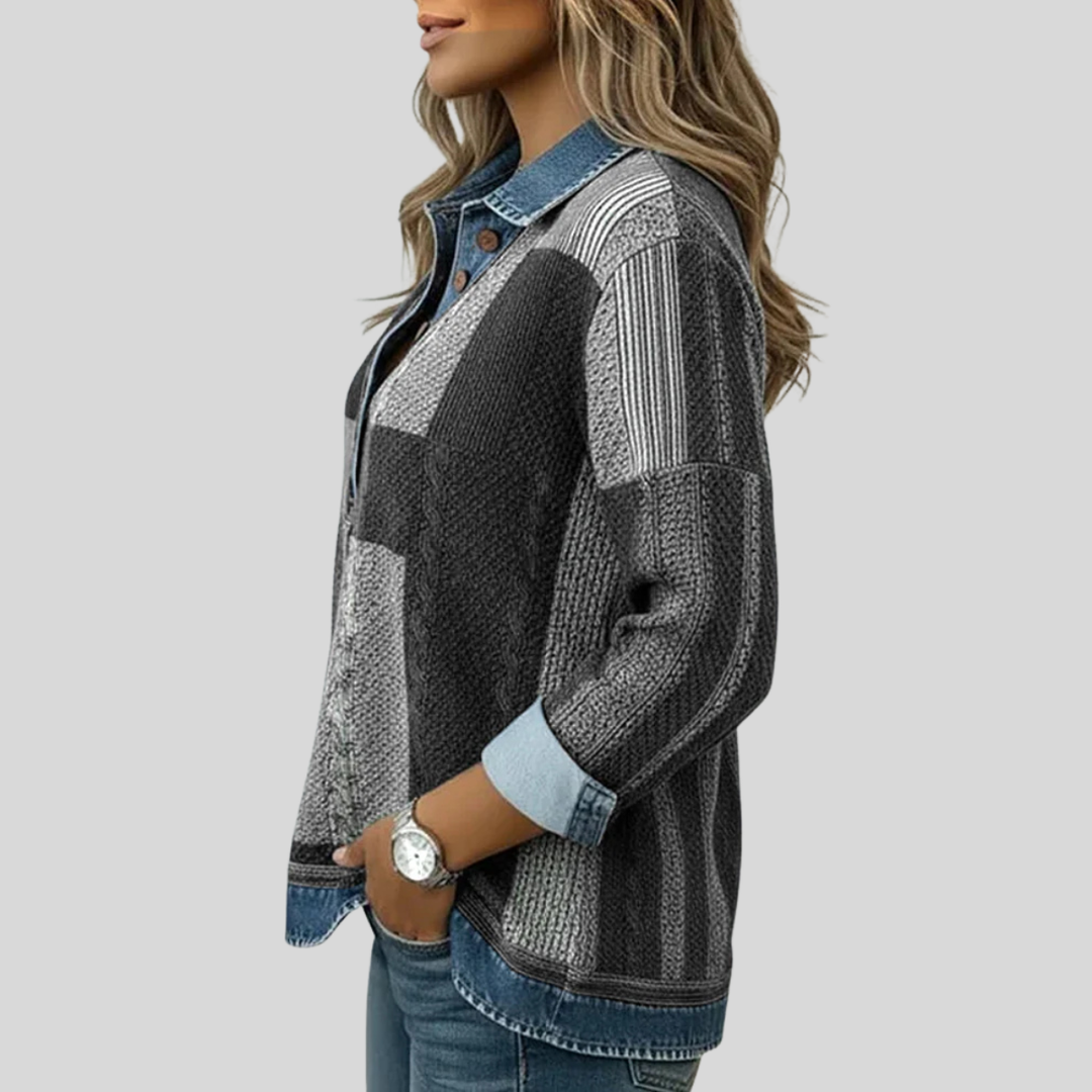 Women's patchwork collared sweatshirt with long sleeves and button placket