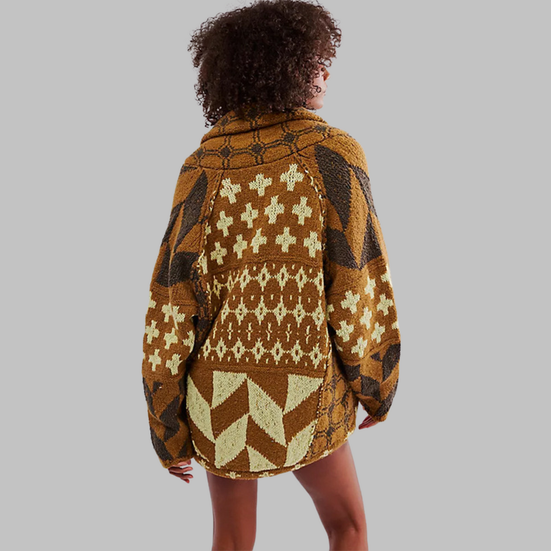 Women's oversized geometric button front cardigan with shawl collar and long sleeves