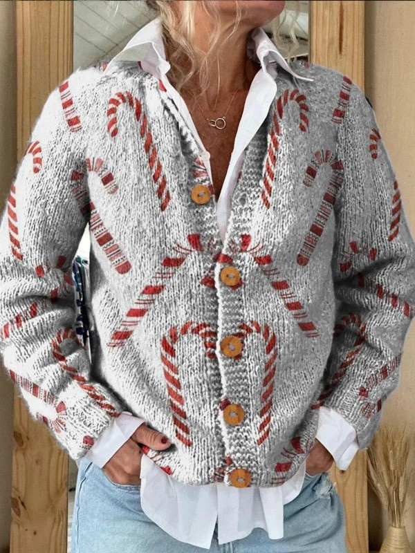 Women's light cardigan with red and gray candy cane pattern and button front