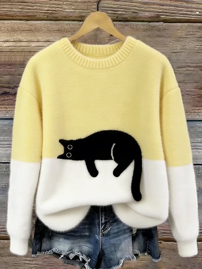 Women's long-sleeve crew neck sweater with a black cat graphic and contrast panels