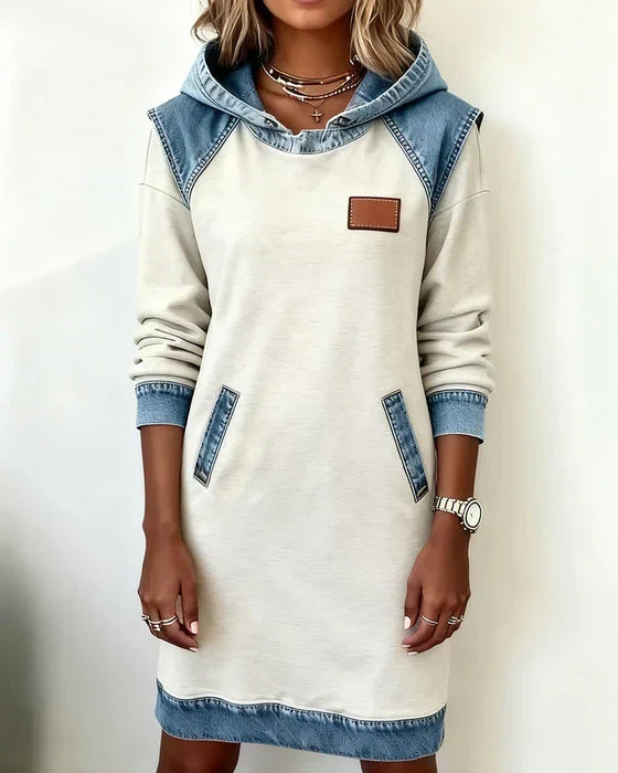 Women's hooded sweatshirt dress with long sleeves and contrast blue trim