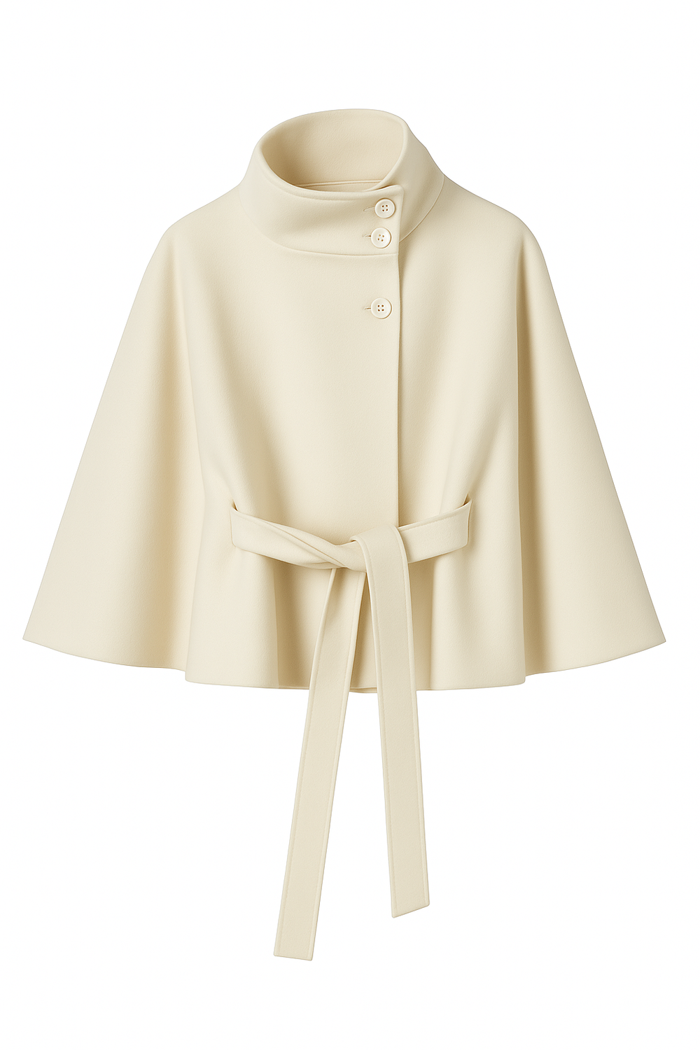 Women's cape coat with stand collar, button front and waist tie