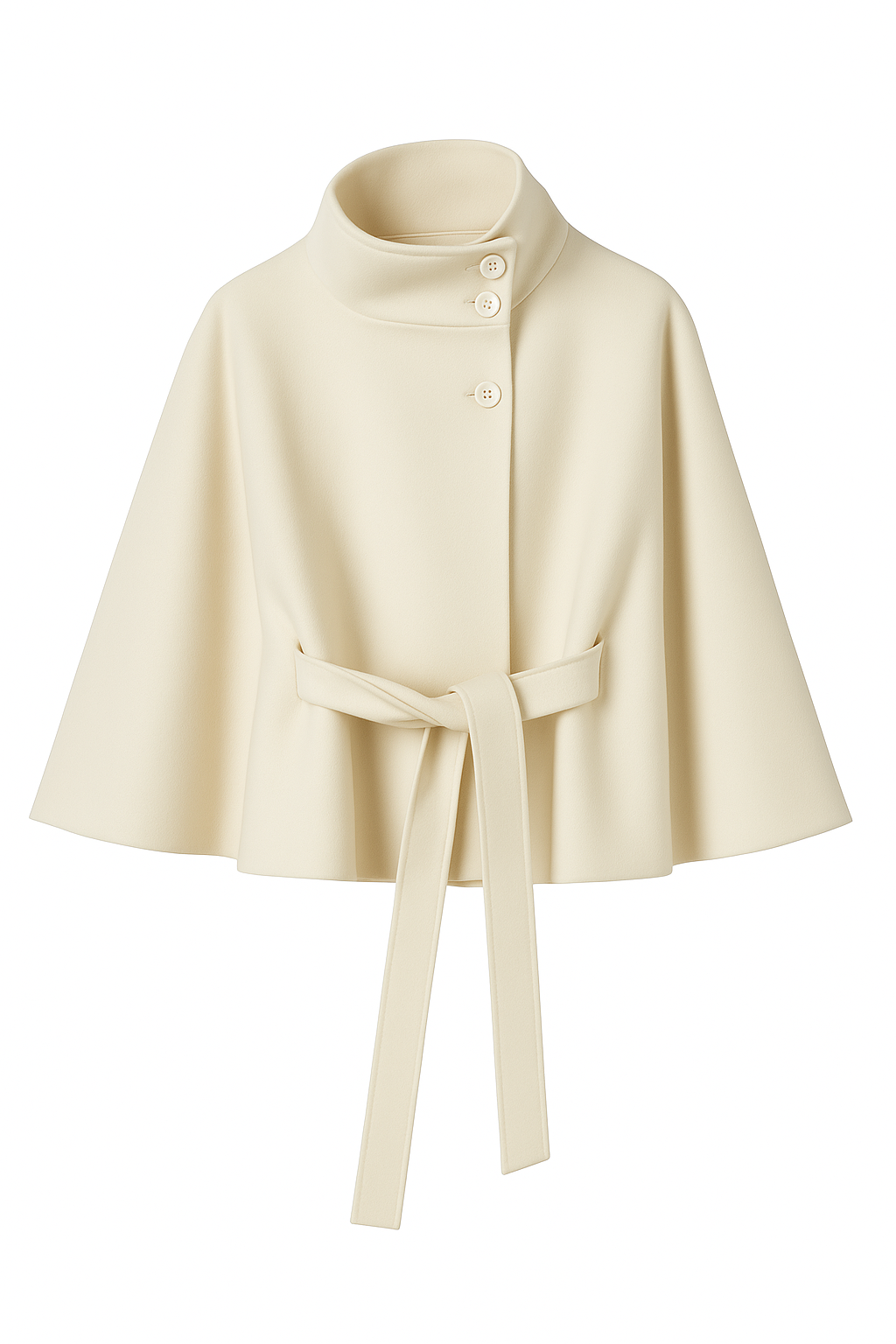 Women's cape coat with stand collar, button front and waist tie