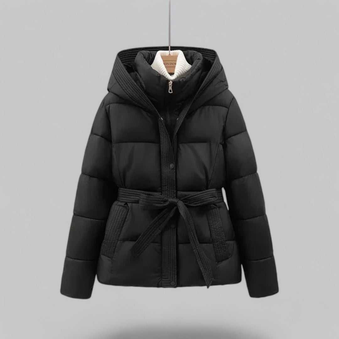 Women's hooded quilted puffer parka with belted waist and front pockets