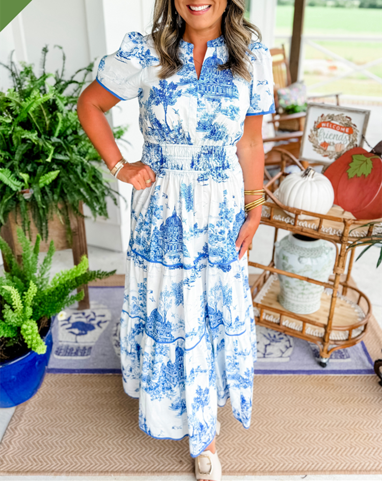Vintage Dress For Women | Maxi Toile Print Tiered Design