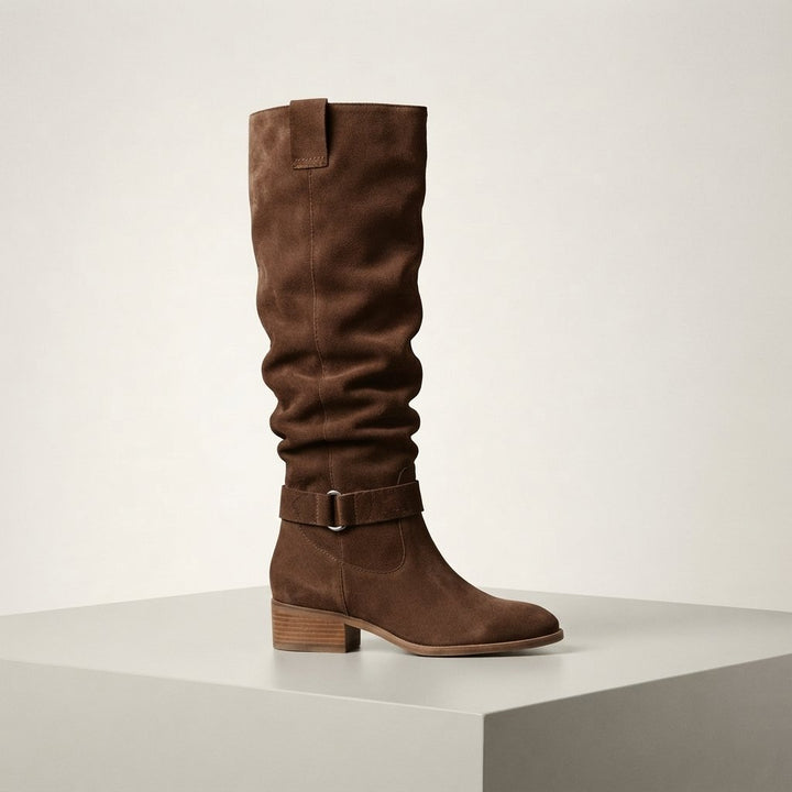 Women's slouch knee-high boots with low block heel and buckle strap