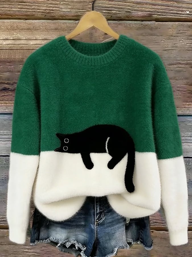 Women's long-sleeve crew neck sweater with a black cat graphic and contrast panels