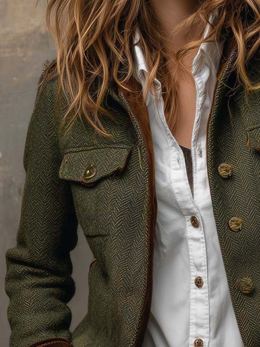 Women's green herringbone blazer with brown contrast trim and button front