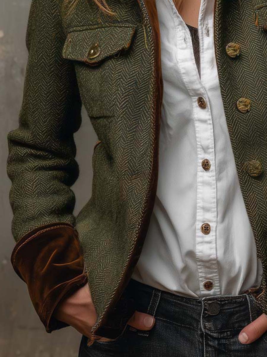 Women's green herringbone blazer with brown contrast trim and button front
