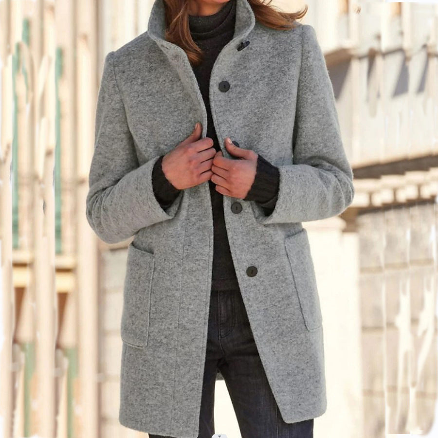 Women's classic button front coat with stand collar and patch pockets