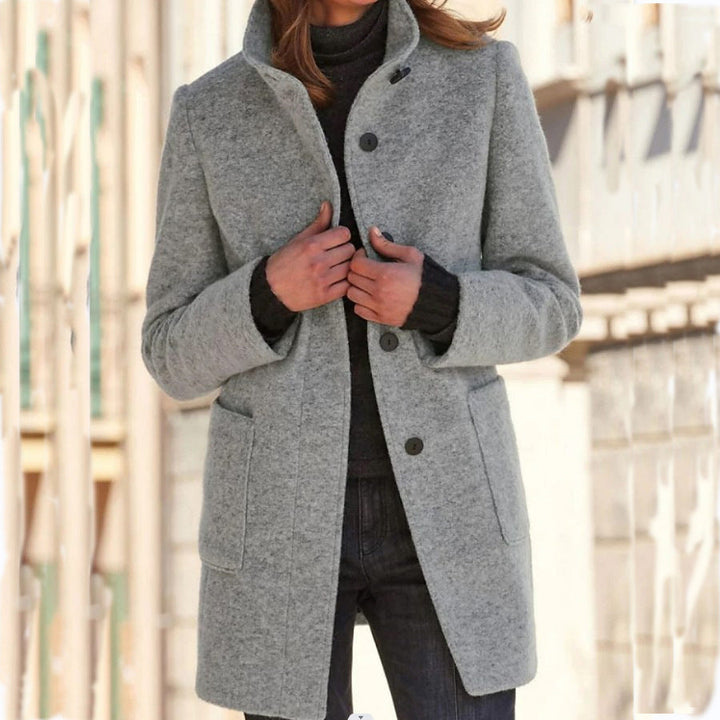 Women's classic button front coat with stand collar and patch pockets